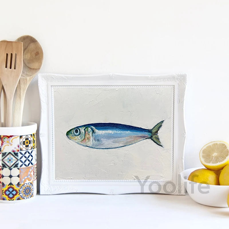 SARDINES Art Print Small Fish Still Life Posters Blue Sardine Oil Painting Canvas Prints French Restaurant Kitchen Wall Decor