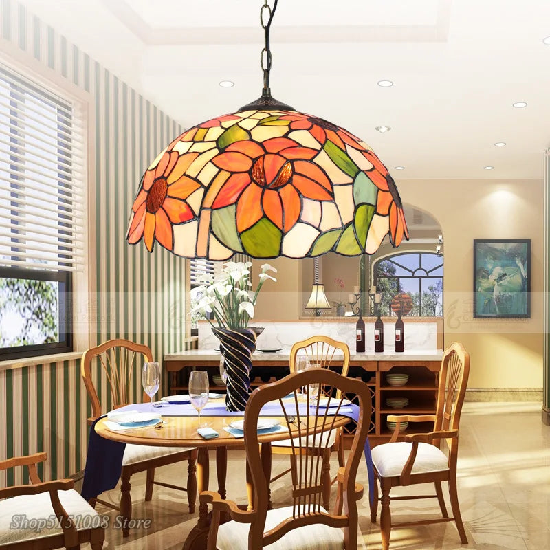 Baroque Tiffany Pendant lights Stained Glass Chain Lighting Suspended Luminaire for Home Parlor Dining Room Lamps E27 110-240V