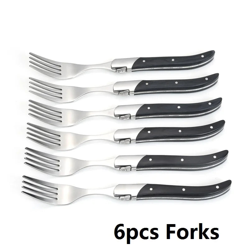 Laguiole Black Wood  Knives 6-Piece Black Wooden Handle Steak Knife Fork Spoon set Japanese Wood Cutlery Christmas Gift 8.7 in