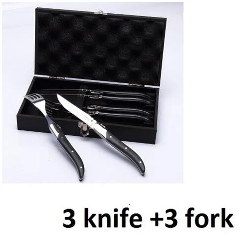 Laguiole Black Wood  Knives 6-Piece Black Wooden Handle Steak Knife Fork Spoon set Japanese Wood Cutlery Christmas Gift 8.7 in