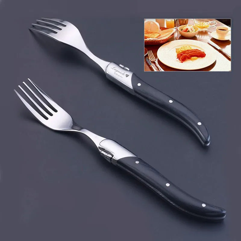 Laguiole Black Wood  Knives 6-Piece Black Wooden Handle Steak Knife Fork Spoon set Japanese Wood Cutlery Christmas Gift 8.7 in