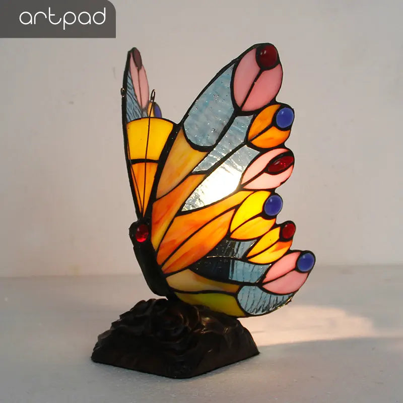 Artpad Glass Tiffany Butterfly Table Lamps With US/EU Plug In Bedroom Bedside LED Butterfly Table Light for Table Night Fixtures
