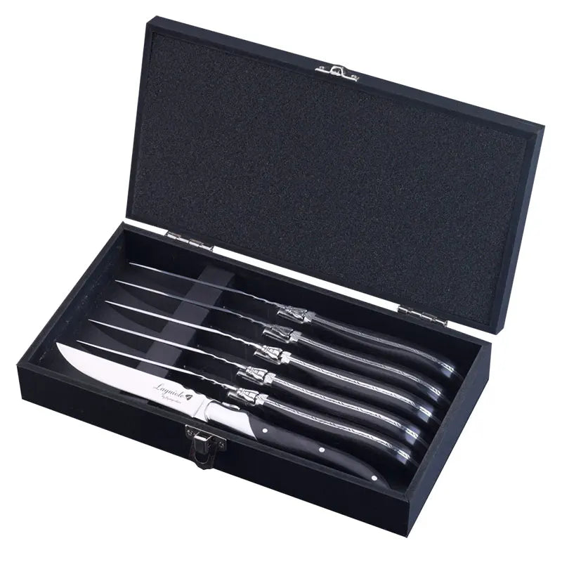 Laguiole Black Wood  Knives 6-Piece Black Wooden Handle Steak Knife Fork Spoon set Japanese Wood Cutlery Christmas Gift 8.7 in