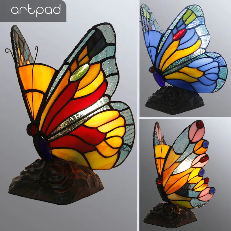 Artpad Glass Tiffany Butterfly Table Lamps With US/EU Plug In Bedroom Bedside LED Butterfly Table Light for Table Night Fixtures