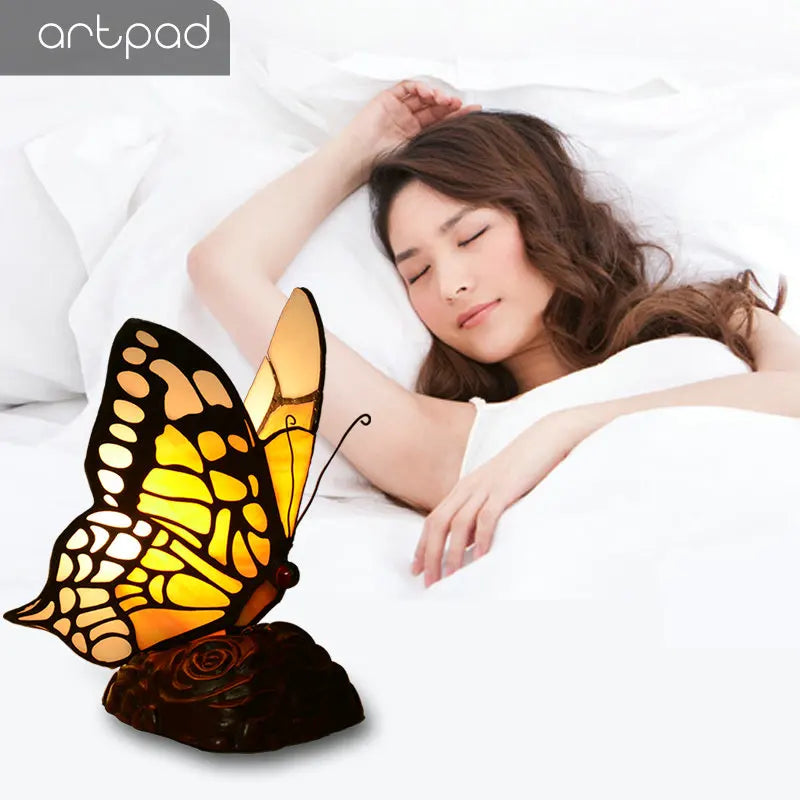 Artpad Glass Tiffany Butterfly Table Lamps With US/EU Plug In Bedroom Bedside LED Butterfly Table Light for Table Night Fixtures