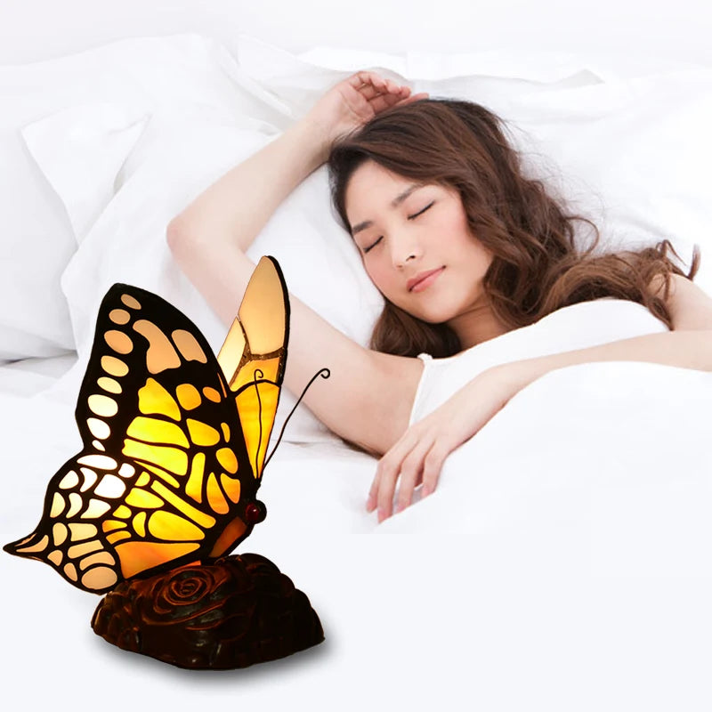 Artpad Glass Tiffany Butterfly Table Lamps With US/EU Plug In Bedroom Bedside LED Butterfly Table Light for Table Night Fixtures