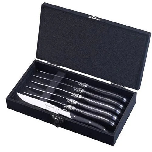 Laguiole Black Wood  Knives 6-Piece Black Wooden Handle Steak Knife Fork Spoon set Japanese Wood Cutlery Christmas Gift 8.7 in