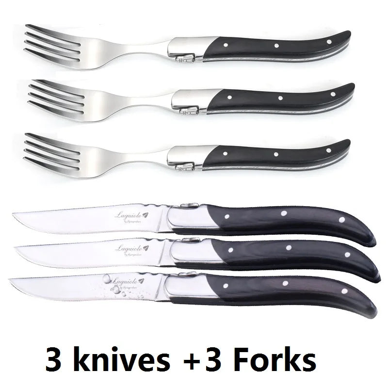 Laguiole Black Wood  Knives 6-Piece Black Wooden Handle Steak Knife Fork Spoon set Japanese Wood Cutlery Christmas Gift 8.7 in