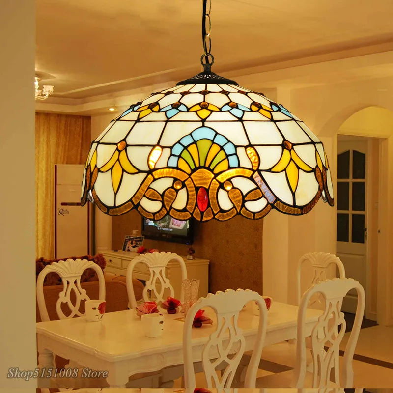 Baroque Tiffany Pendant lights Stained Glass Chain Lighting Suspended Luminaire for Home Parlor Dining Room Lamps E27 110-240V