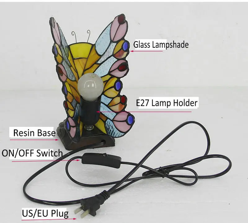 Artpad Glass Tiffany Butterfly Table Lamps With US/EU Plug In Bedroom Bedside LED Butterfly Table Light for Table Night Fixtures