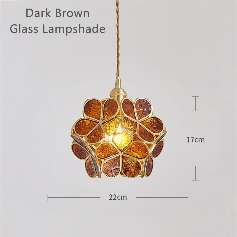 Nordic LED Flower Copper Pendant Lamp Tiffany Glass Kitchen Bedroom Dining Living Room Home Lighting Hotel Hanging Light Fixture