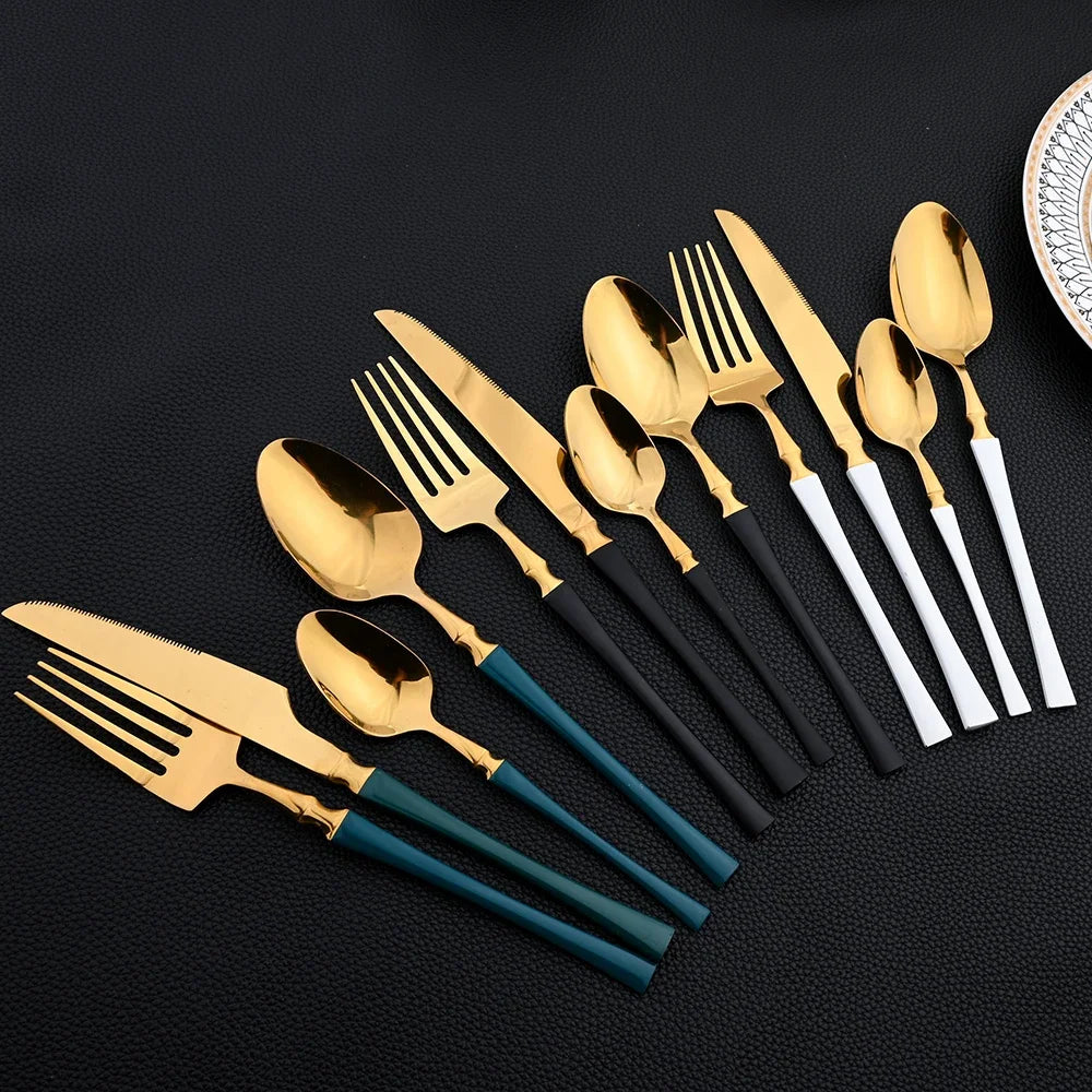 16pcs Dinnerware Set Stainless Steel Tableware Mirror Knife Fork Spoon Flatware Set Cutlery Western Knife Fork Spoon Tea Spoon