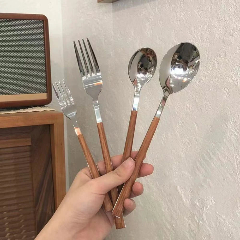 Creative Stainless Steel Spoon Fork Knife Portable Thickened Steak Knife Wood Grain Western Tableware Dessert Spoon