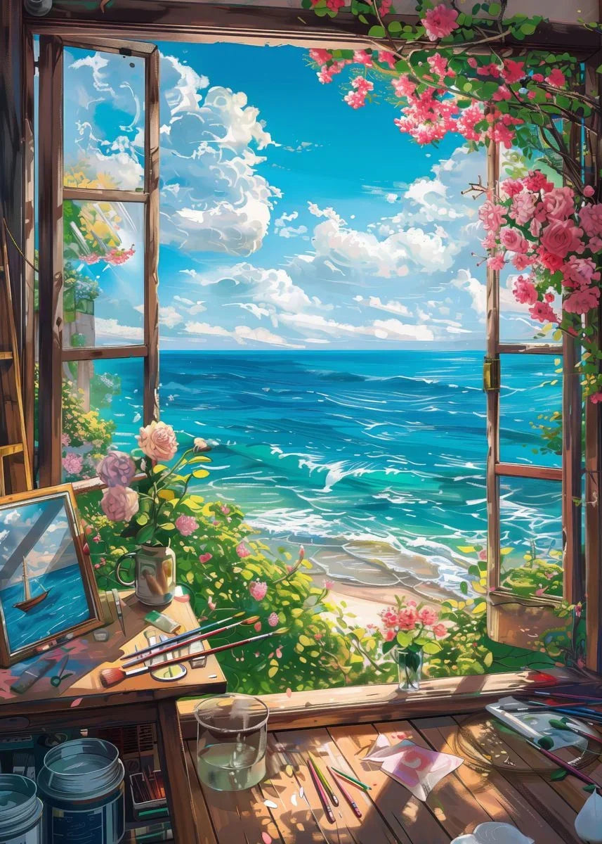 Modern Cartoon Seaside Cottage Summer Scenery Poster Coastal Villa Beach Life Canvas Painting Wall Art Living Room Home Decor