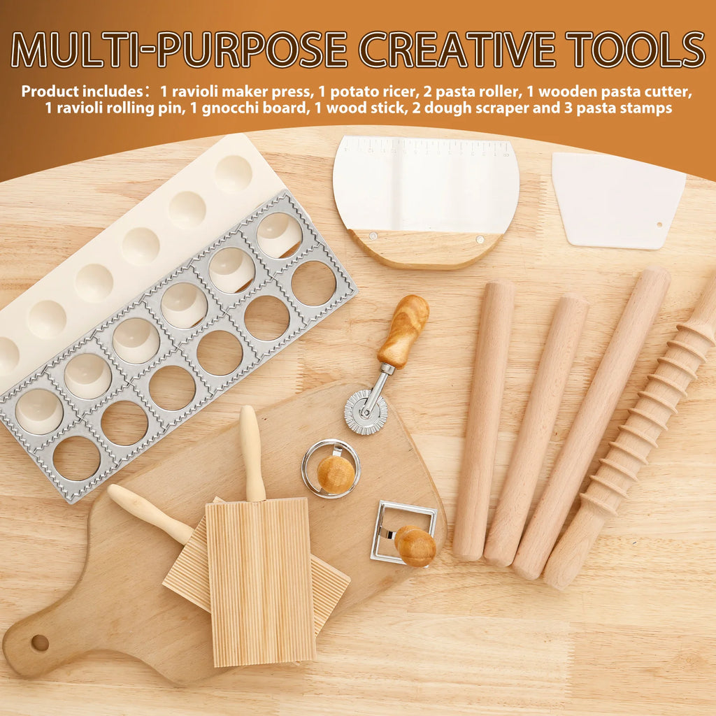 Pasta Making Tool Set 12 Pcs Pasta Making Kit Includes Wood Rolling Pin Gnocchi Board Dough Scraper 3 Ravioli Stamp Maker Cutter
