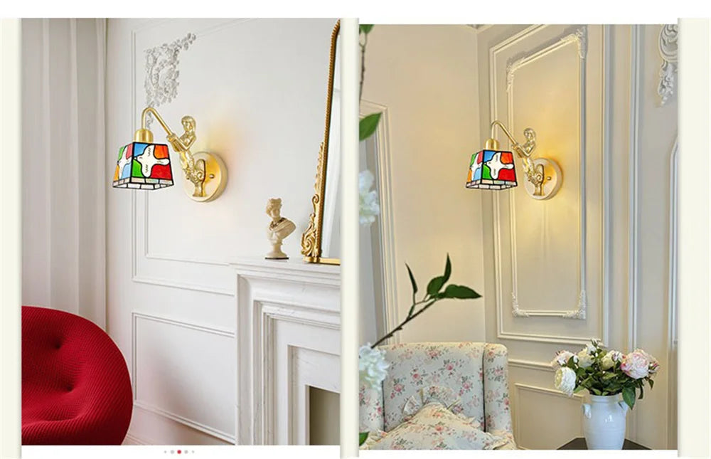 French Tiffany Stained Glass Bird Metal Gold Led Wall Lamp Living Room Bedroom Stairs Aisle Decoration Sconces Home Night Light