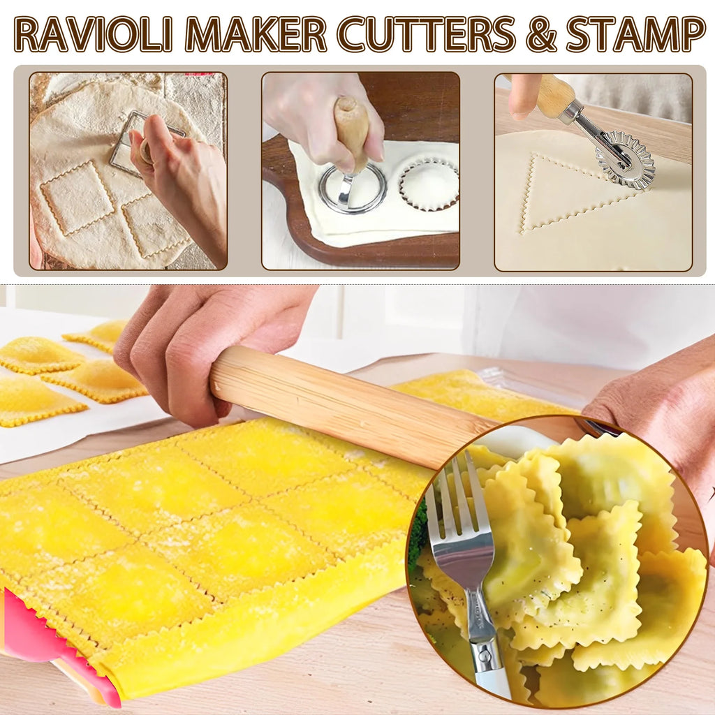 Pasta Making Tool Set 12 Pcs Pasta Making Kit Includes Wood Rolling Pin Gnocchi Board Dough Scraper 3 Ravioli Stamp Maker Cutter