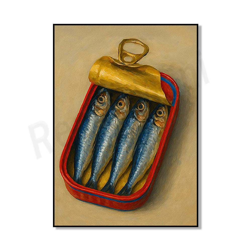 Canned sardines, botanical fruits, sardines, tulips, lemon tree, oyster shell oil, still life print, kitchen decoration poster