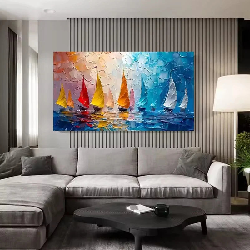 Modern Sailboat Sea View Canvas Art oil Paintings Large-Sized Landscape Canvas Printing Poster for Living Room Home Decoration