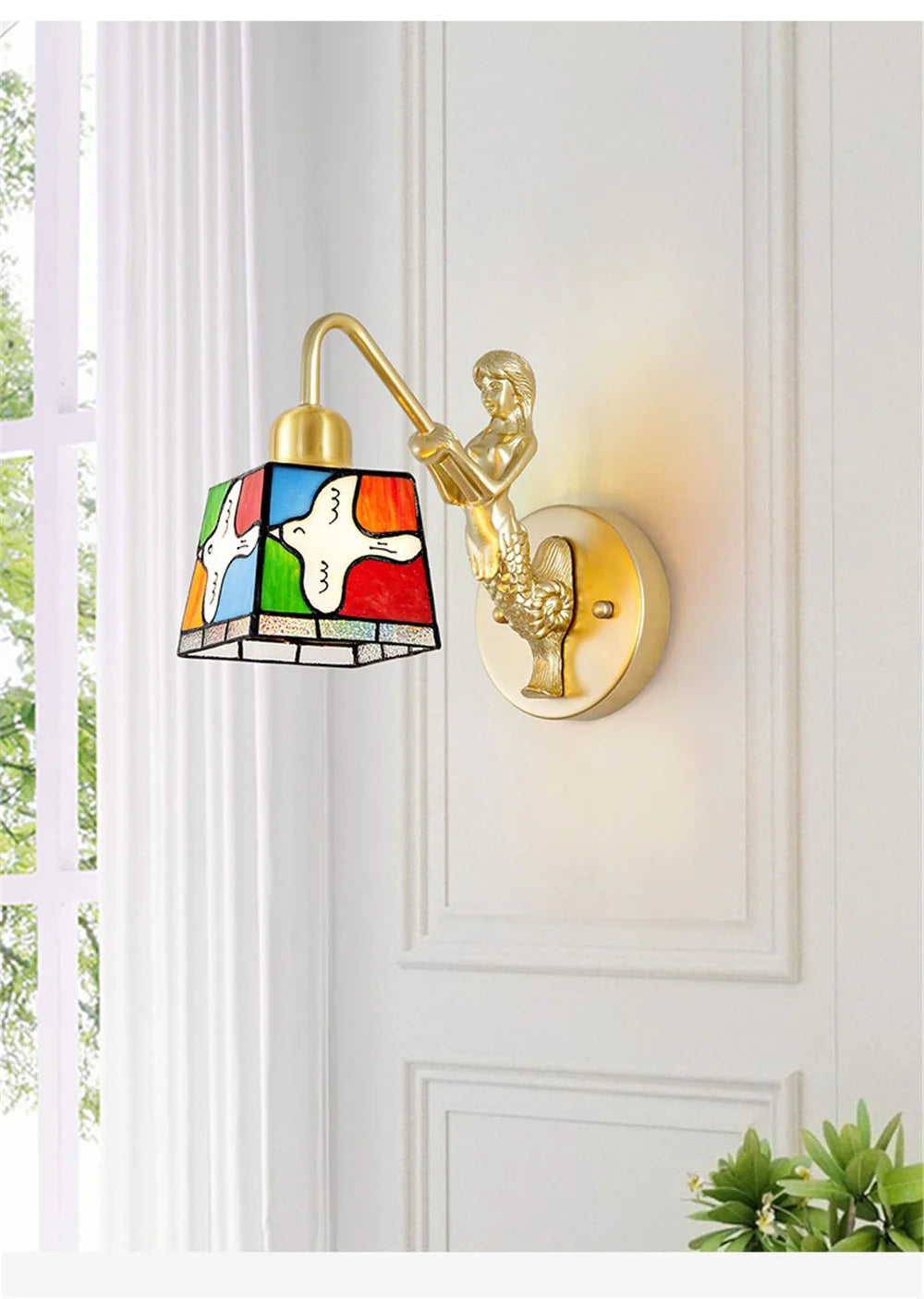 French Tiffany Stained Glass Bird Metal Gold Led Wall Lamp Living Room Bedroom Stairs Aisle Decoration Sconces Home Night Light