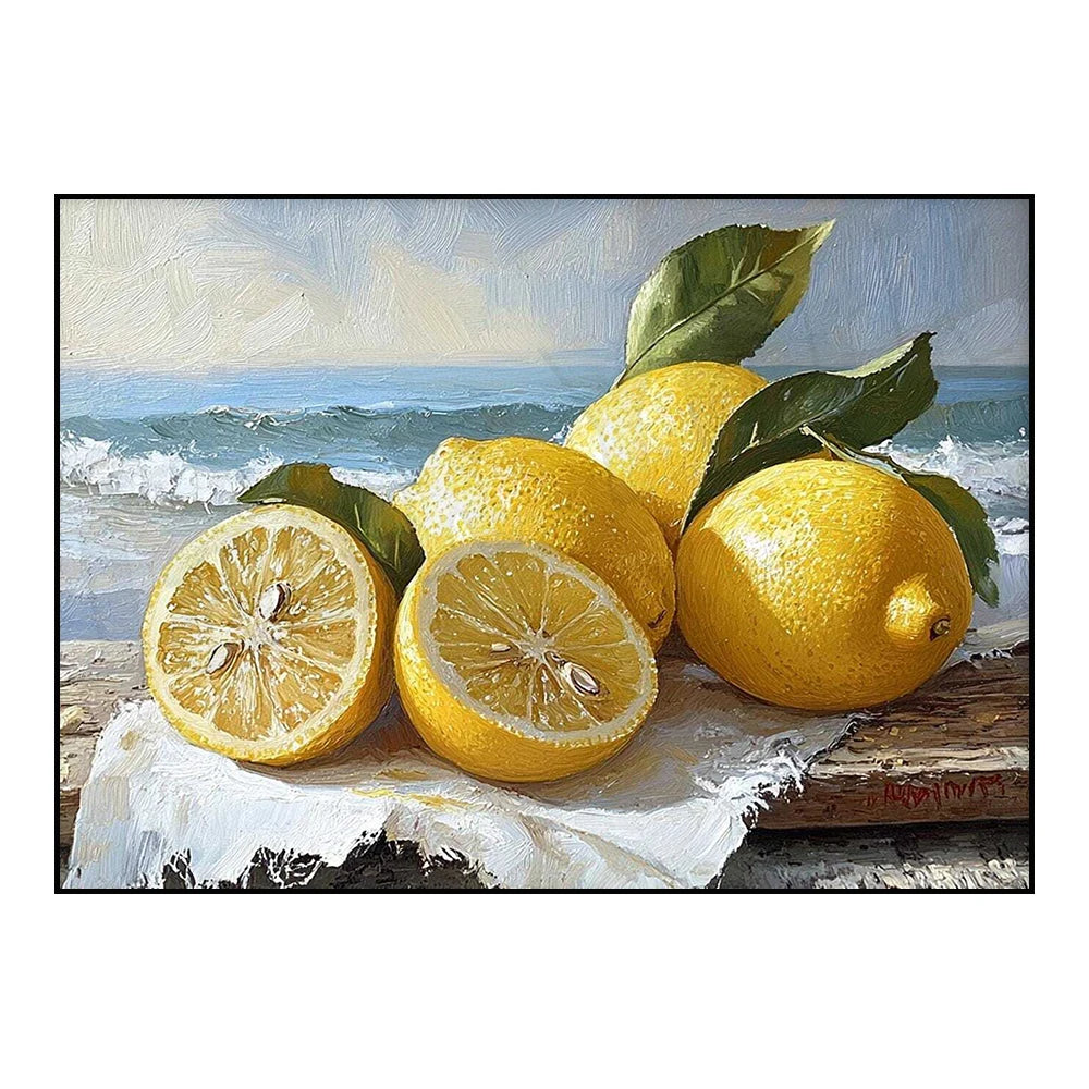 Mediterranean alley painting, seascape, lemons, jug, oranges and fish rural coast scenery, country port, nautical scene poster