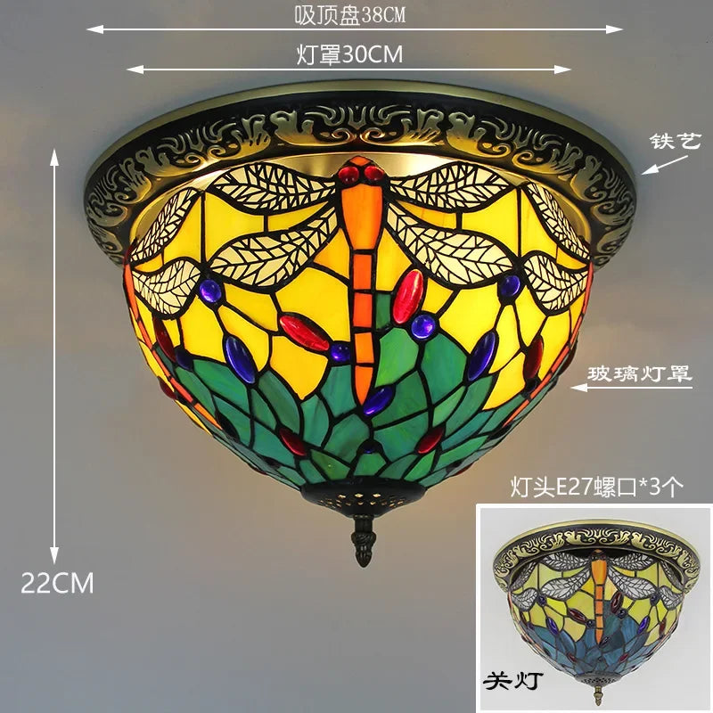 Tiffany Style Colored Glass Ceiling Lamp Retro American Art Deco Stained Glass Artistic for Living Room Dining Room Foyer