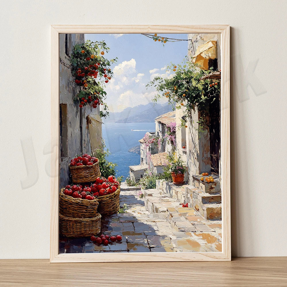Mediterranean alley painting, seascape, lemons, jug, oranges and fish rural coast scenery, country port, nautical scene poster