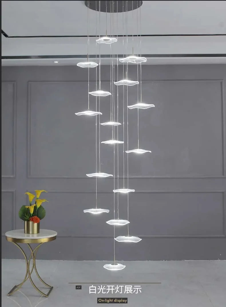 Modern LED Lotus Chandelier For Staircase Dining Room Luxury Gold Indoor Hanging Lamp Nordic Loft Long Creative Lighting Fixture