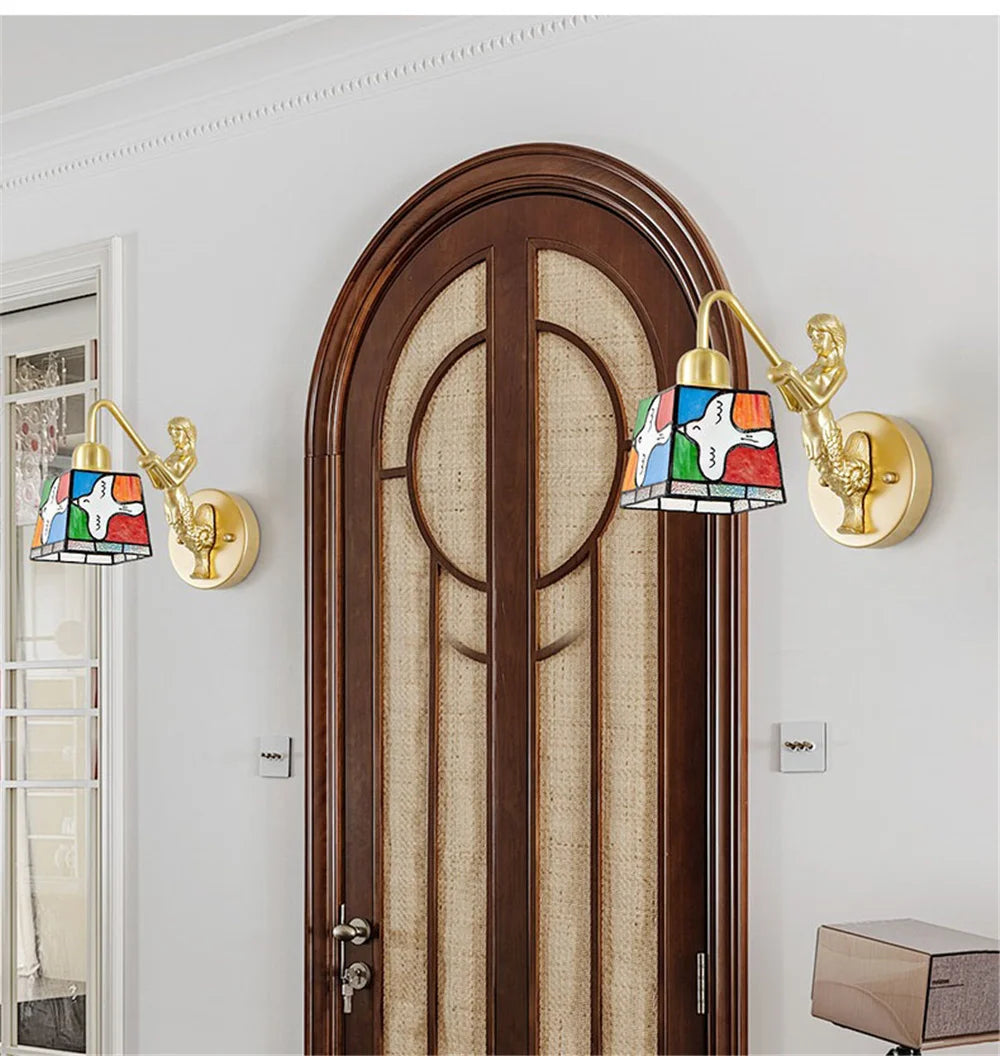 French Tiffany Stained Glass Bird Metal Gold Led Wall Lamp Living Room Bedroom Stairs Aisle Decoration Sconces Home Night Light