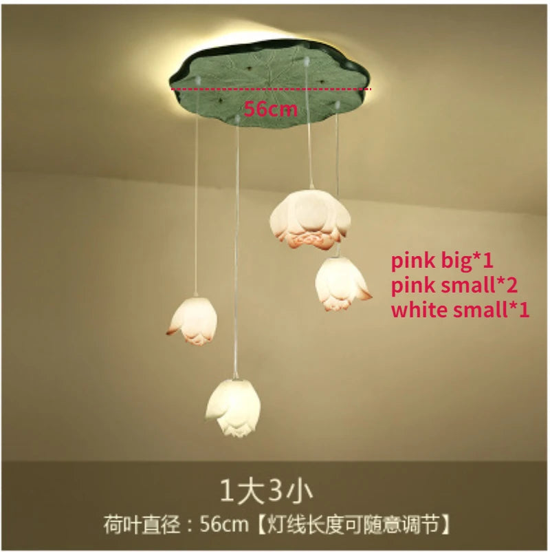 New Chinese Lotus Lamp Pendant Lamp Pink Lotus Glass Lustre Pendant Lights Living Dining Room Tea Room Lotus Lamp Home Decor