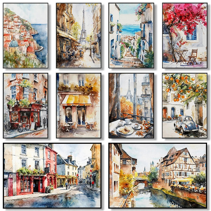 Paris Rome Santorini Coastal City Architecture landscape Watercolor Art Poster Canvas Paintings Wall Art Pictures Home Decor