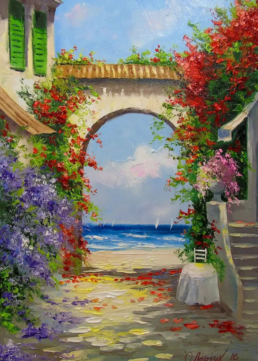 DIY Oil Painting By Numbers Kits Mediterranean Santorini Greece Village Paint with NumbersHome Decor, Wall Art Perfect Gift,
