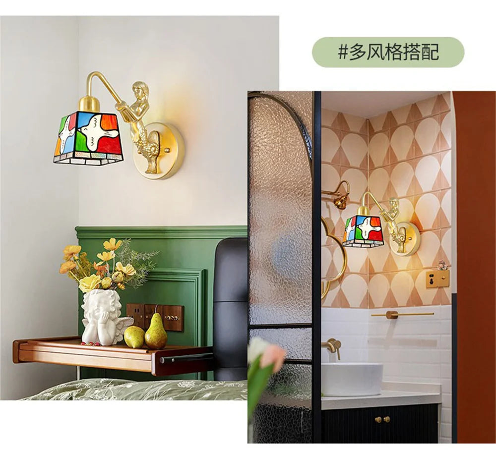 French Tiffany Stained Glass Bird Metal Gold Led Wall Lamp Living Room Bedroom Stairs Aisle Decoration Sconces Home Night Light