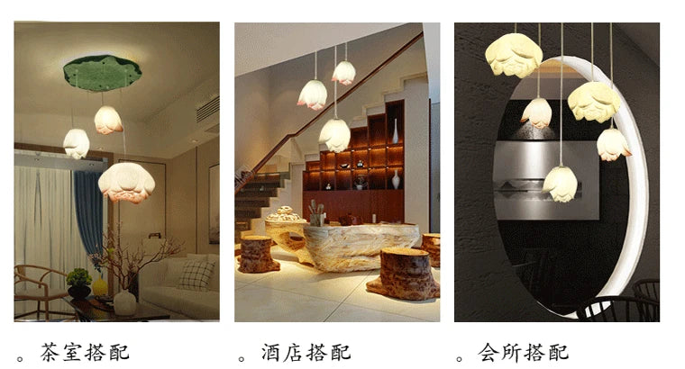 New Chinese Lotus Lamp Pendant Lamp Pink Lotus Glass Lustre Pendant Lights Living Dining Room Tea Room Lotus Lamp Home Decor