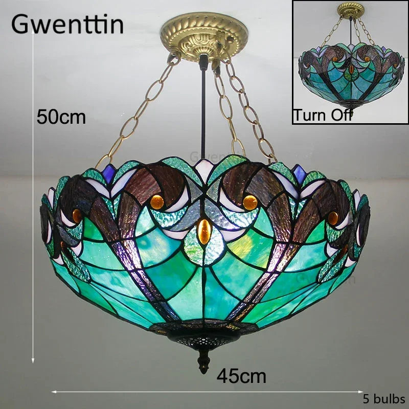 Mediterranean Tiffany Stained Glass Pendant Lights Vintage Hanging Lamp for Dining Room Kitchen Light Fixtures Home Art Decor