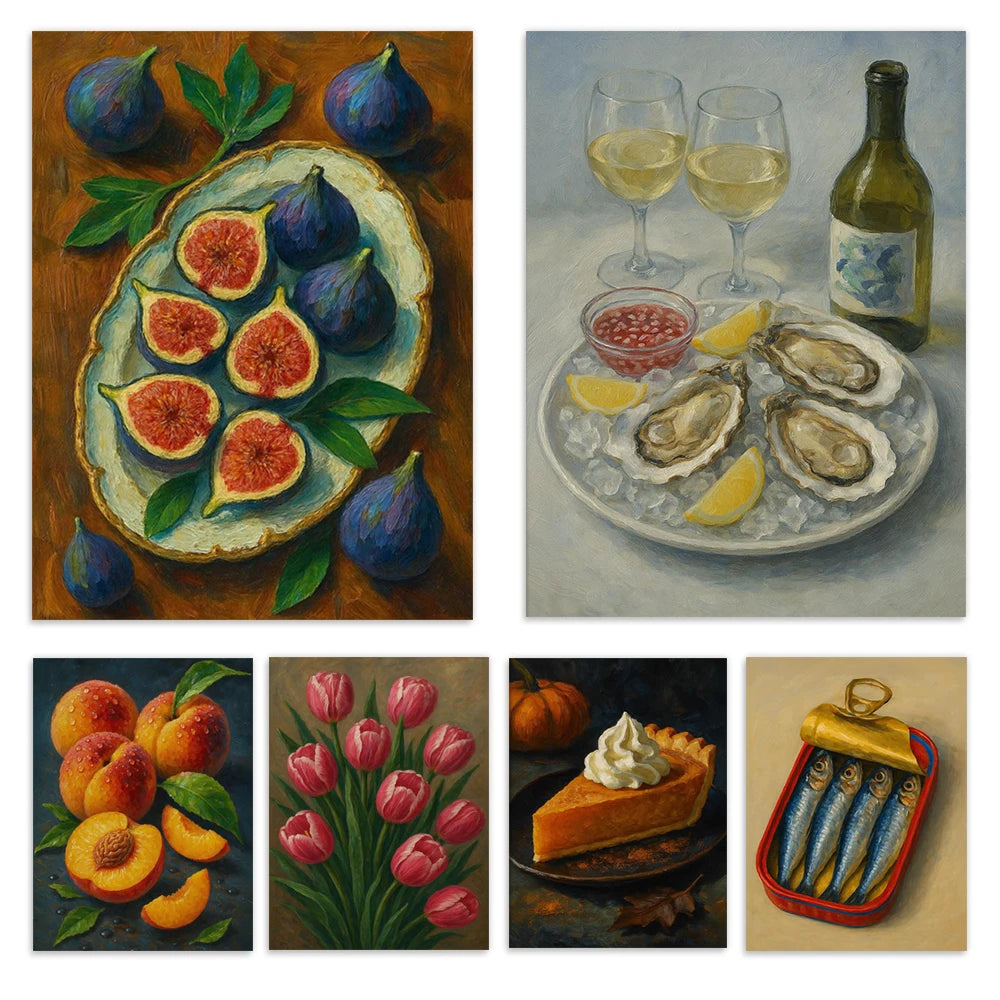 Canned sardines, botanical fruits, sardines, tulips, lemon tree, oyster shell oil, still life print, kitchen decoration poster