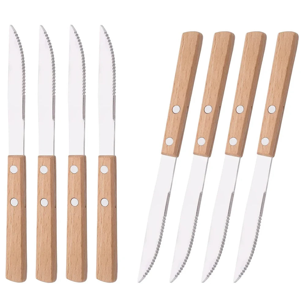 8Pcs Silver Wooden Handle Steak Knife Dinnerware Set Stainless Steel Flatware Sharp Knife Set Tableware Cutlery Knives Set