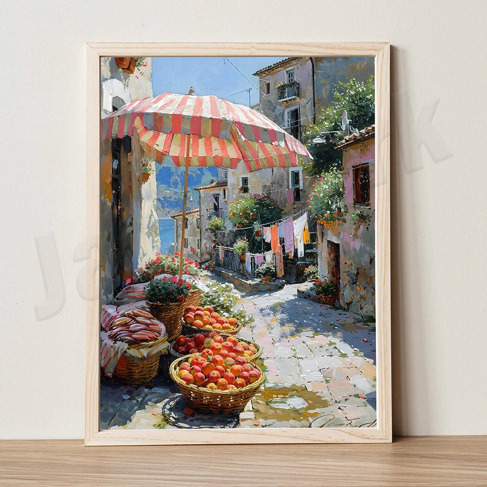 Mediterranean alley painting, seascape, lemons, jug, oranges and fish rural coast scenery, country port, nautical scene poster