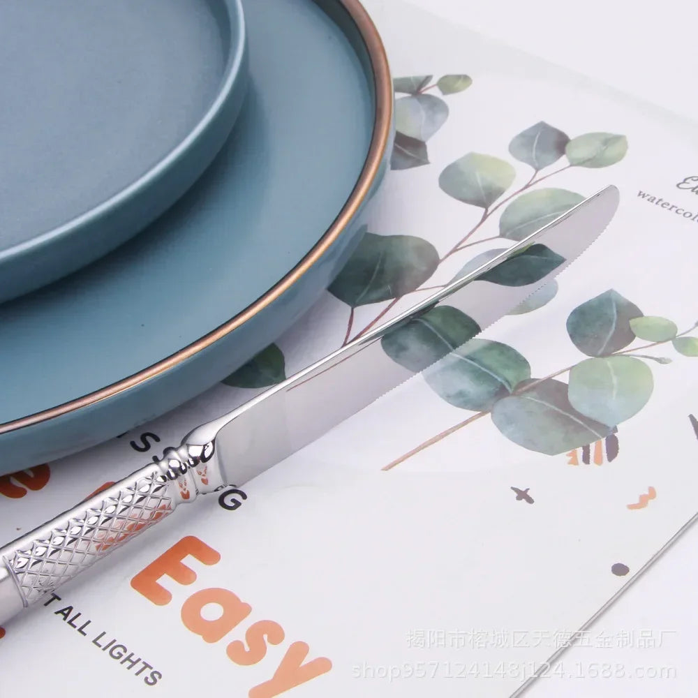 Stainless Steel Steak Knife and Fork Set, Luxurious Gold Plated, Sandblasted Torch Knife, Fork Spoon, Western Food Tableware