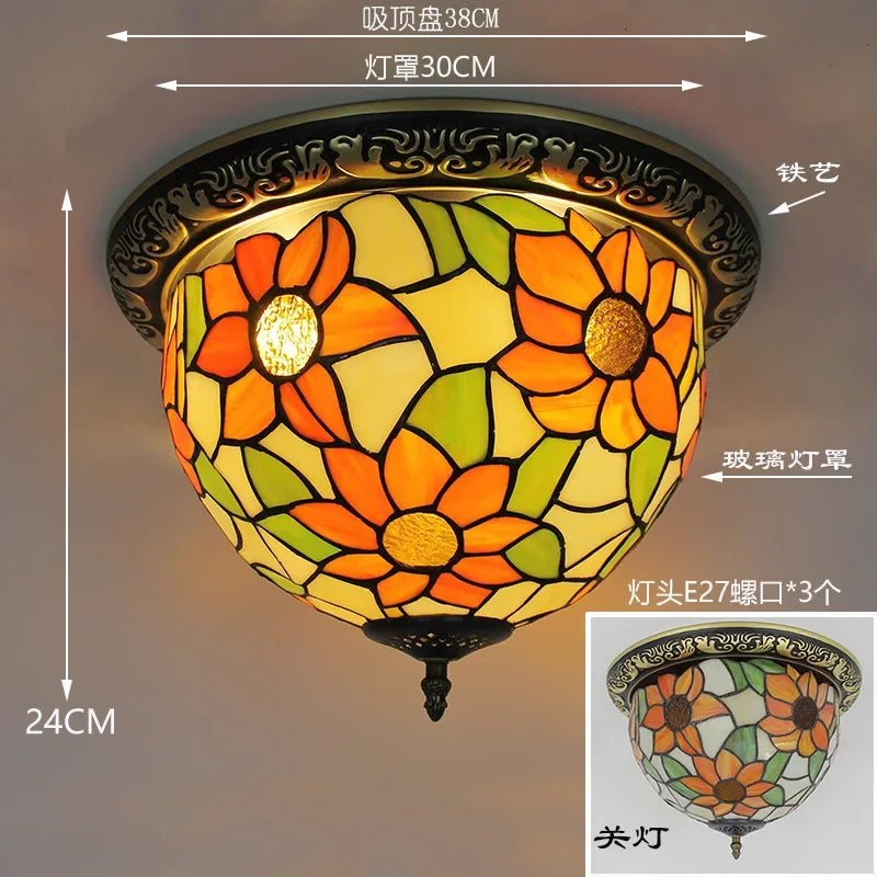 Tiffany Style Colored Glass Ceiling Lamp Retro American Art Deco Stained Glass Artistic for Living Room Dining Room Foyer