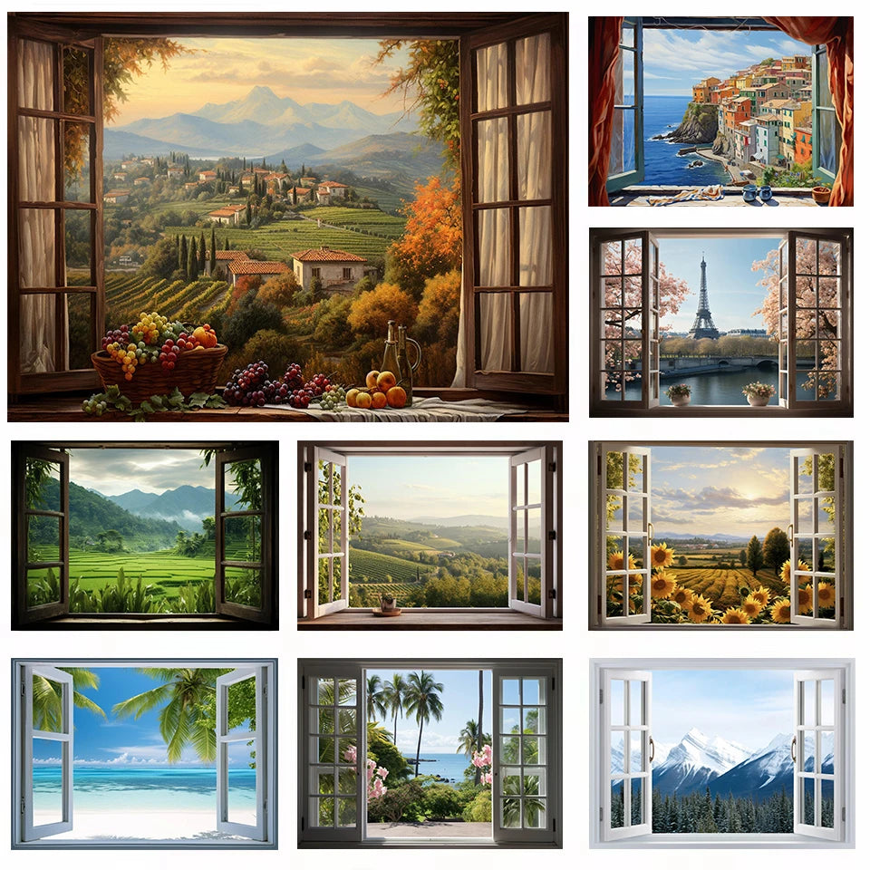 Open Window View Tuscany Paris Coastal Landscape Nordic Poster Canvas Painting Wall Art Pictures Home Living Room Decor