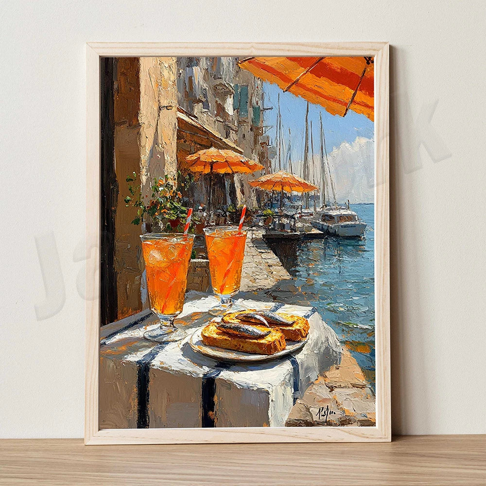 Mediterranean alley painting, seascape, lemons, jug, oranges and fish rural coast scenery, country port, nautical scene poster