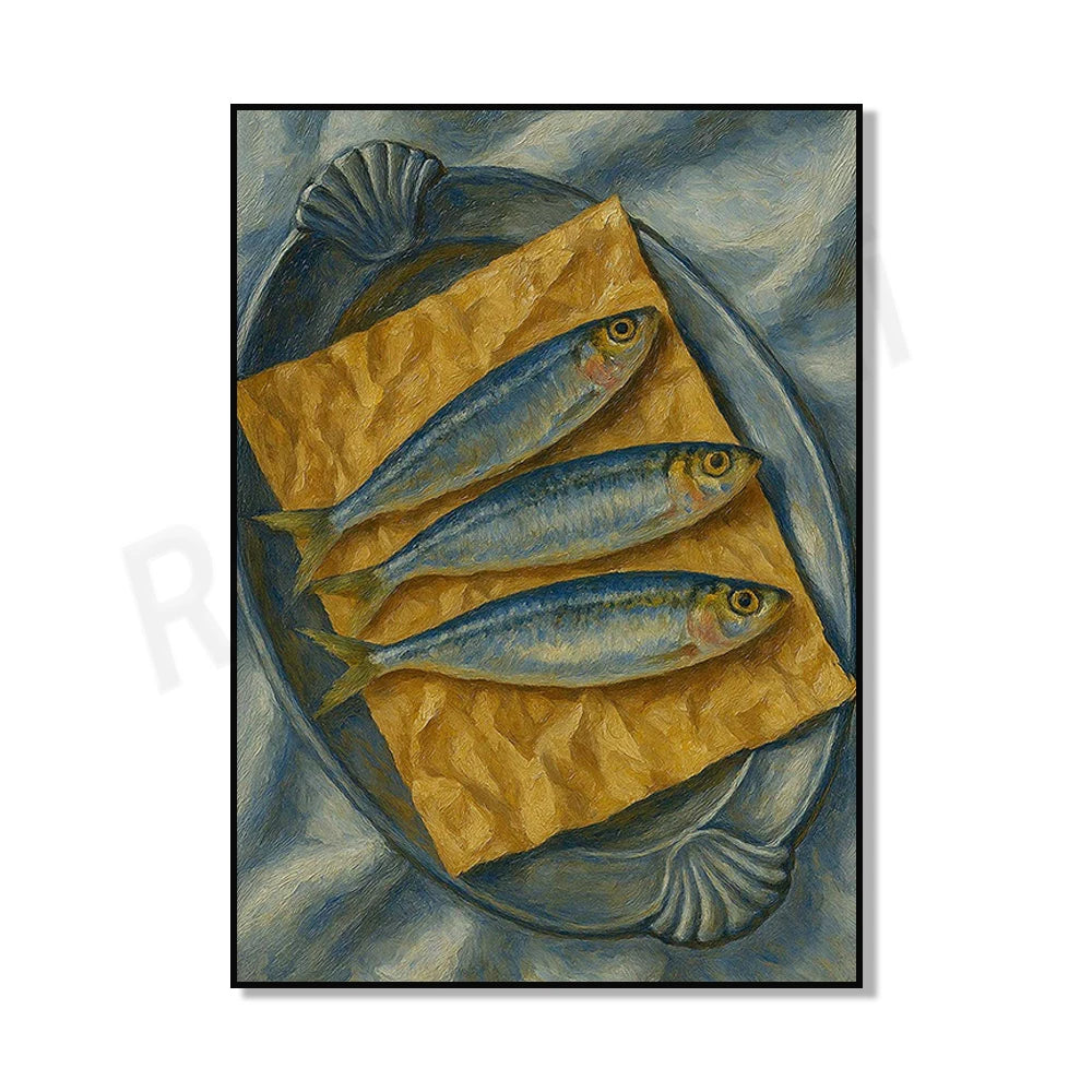 Canned sardines, botanical fruits, sardines, tulips, lemon tree, oyster shell oil, still life print, kitchen decoration poster