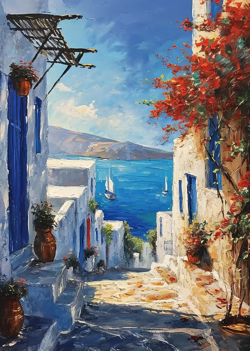 DIY Oil Painting By Numbers Kits Mediterranean Santorini Greece Village Paint with NumbersHome Decor, Wall Art Perfect Gift,
