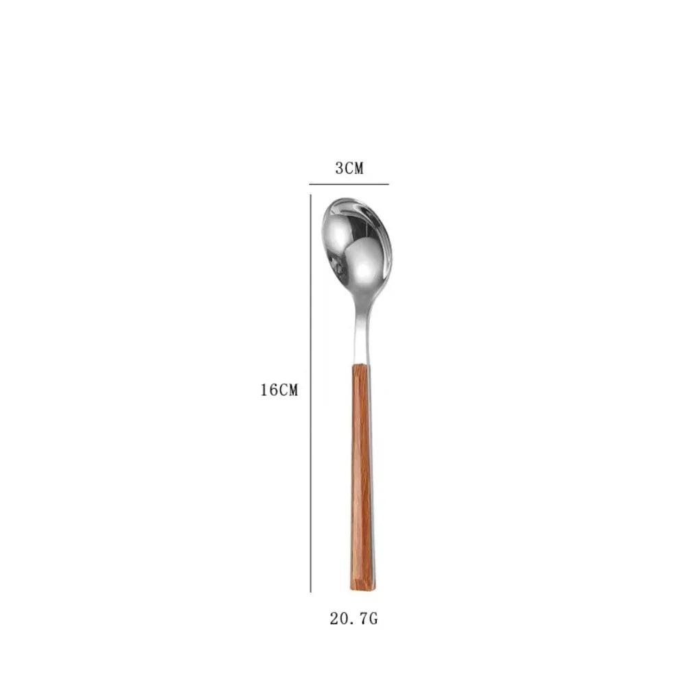 Creative Stainless Steel Spoon Fork Knife Portable Thickened Steak Knife Wood Grain Western Tableware Dessert Spoon