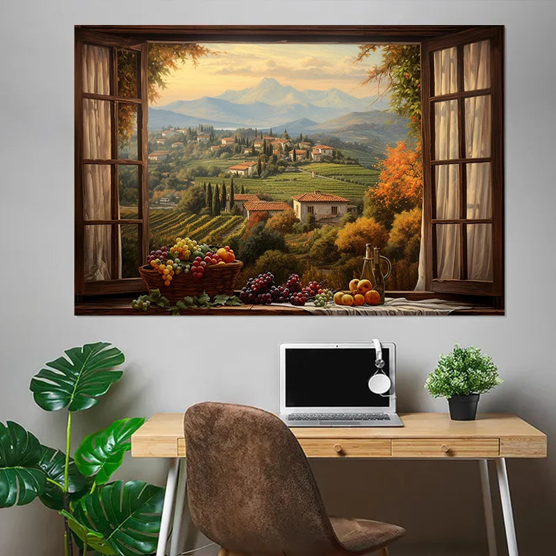 Open Window View Tuscany Paris Coastal Landscape Nordic Poster Canvas Painting Wall Art Pictures Home Living Room Decor