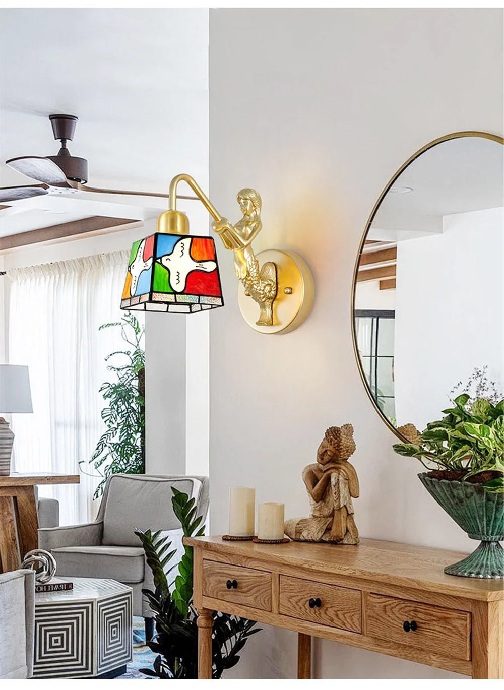 French Tiffany Stained Glass Bird Metal Gold Led Wall Lamp Living Room Bedroom Stairs Aisle Decoration Sconces Home Night Light