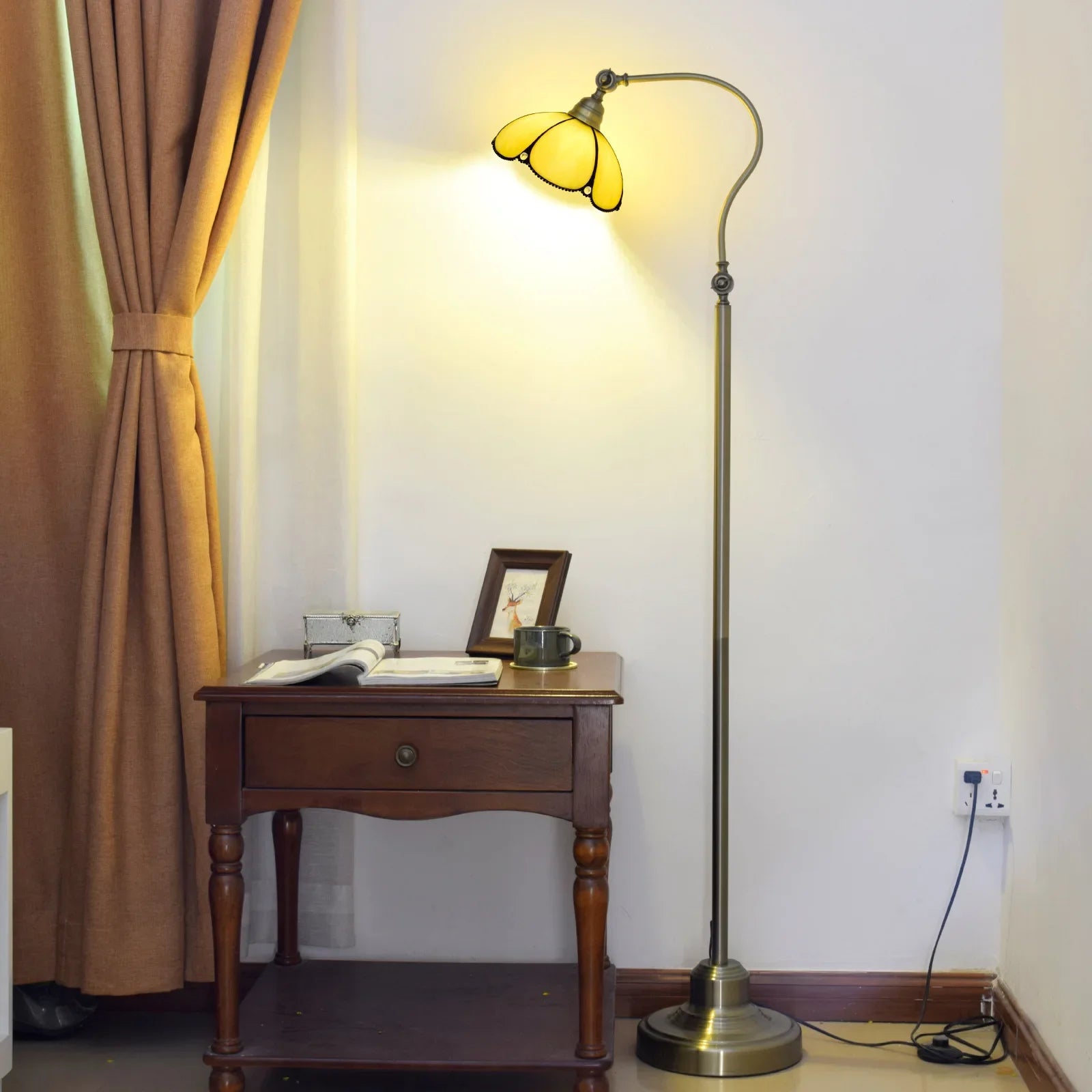 Tiffany Floor Lamp Stained Glass Table Light Mediterranean Style Retro Warm Arched Light Adjustable Angle Standing Reading Light