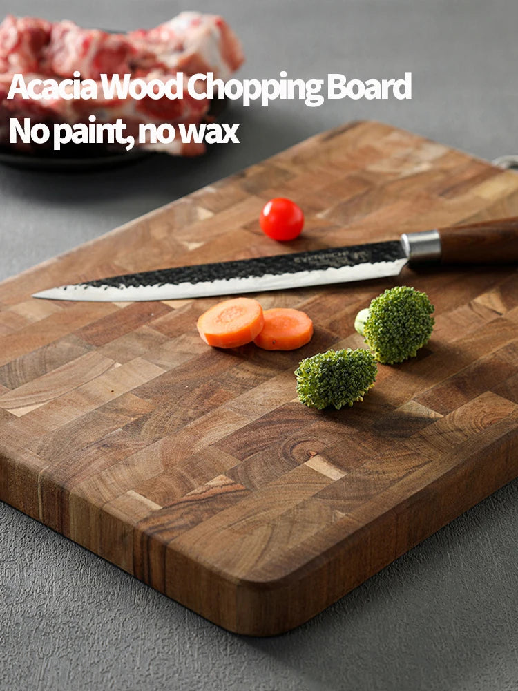 The cutting board is made of solid wood, acacia wood, with dark checkered patterns and fruit wood Chopping board