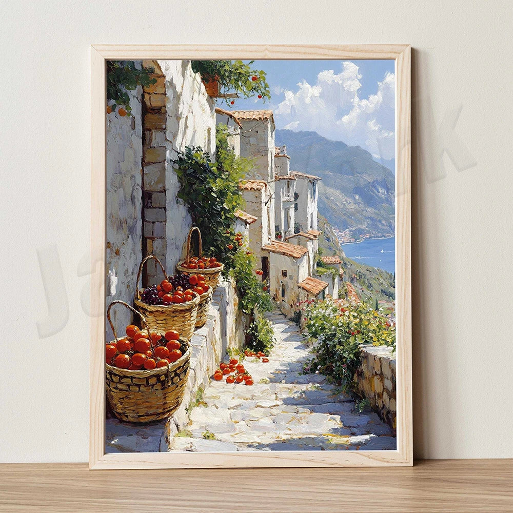 Mediterranean alley painting, seascape, lemons, jug, oranges and fish rural coast scenery, country port, nautical scene poster